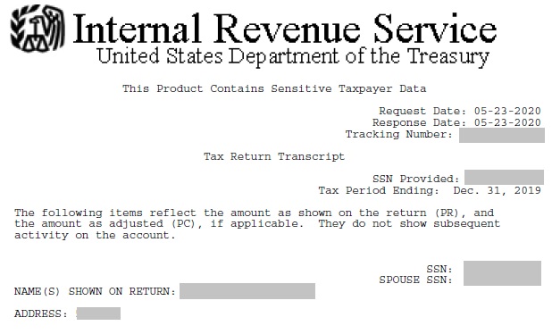 IRS Tax Return Transcript - evidence of income